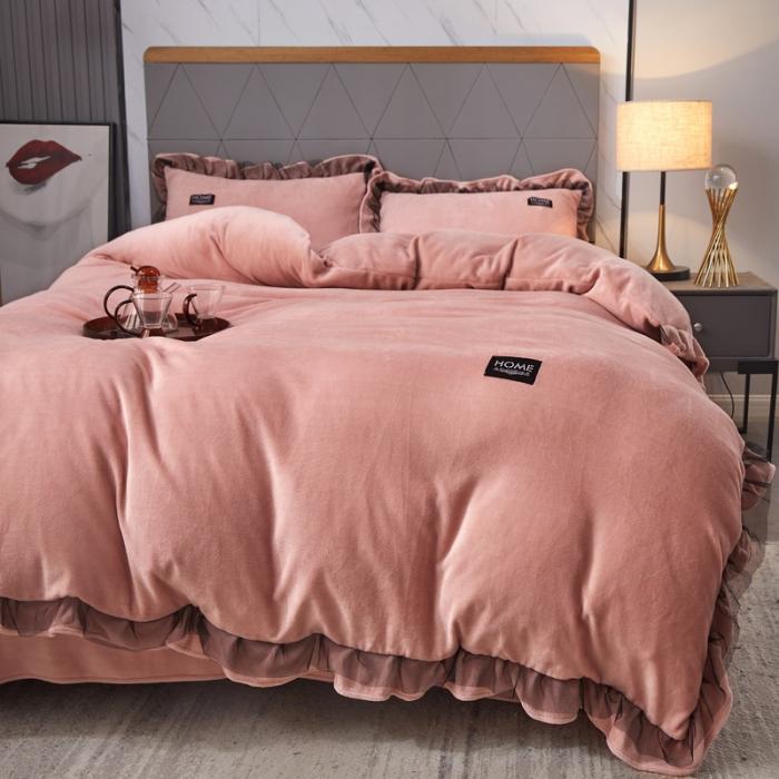 91家纺网 家纺一手货源 找家纺 2023牛奶绒保暖四件套韩版蕾丝花边四件套 豆沙