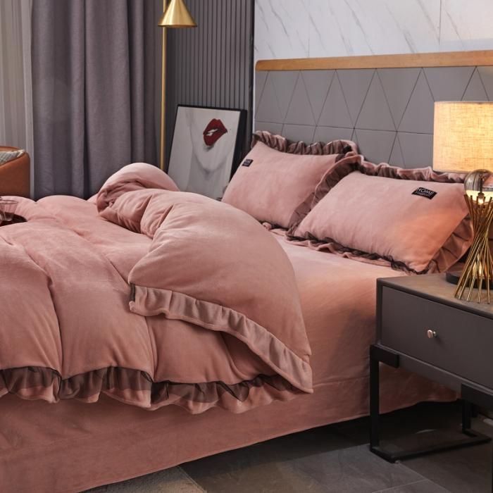 91家纺网 家纺一手货源 找家纺 2023牛奶绒保暖四件套韩版蕾丝花边四件套 豆沙