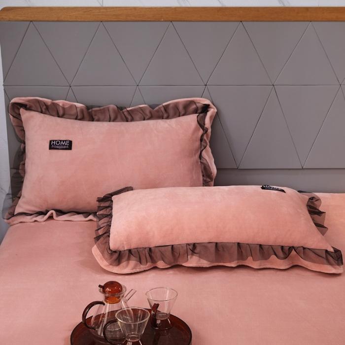 91家纺网 家纺一手货源 找家纺 2023牛奶绒保暖四件套韩版蕾丝花边四件套 豆沙