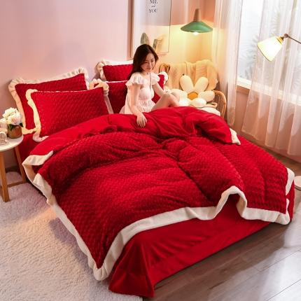 91家纺网 家纺一手货源 找家纺 意尚风情新款牛奶绒兔毛绒剪花工艺款四件套玫瑰花语系列大红