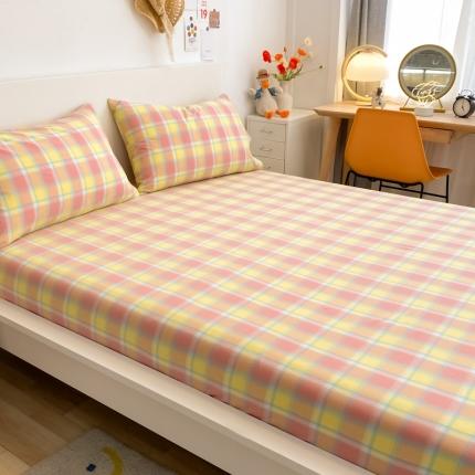 91家纺网 家纺一手货源 找家纺 艾咪 新款全棉色织水洗棉学生宿舍单品床单三件套 弗暖-粉黄