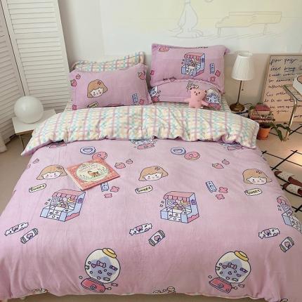 91家纺网 家纺一手货源 找家纺 沐棉 2021新款高克重牛奶绒卡通四件套 糖果女孩