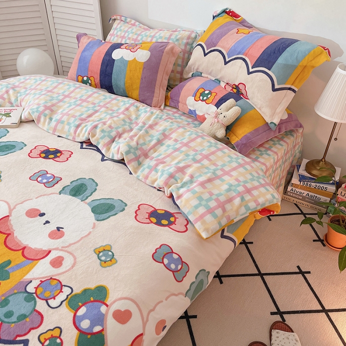 91家纺网 家纺一手货源 找家纺 沐棉 2021新款高克重牛奶绒卡通四件套 彩虹兔