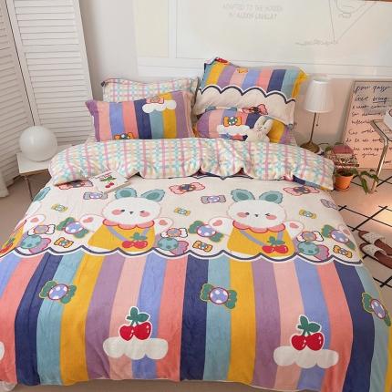 沐棉 2021新款高克重牛奶绒卡通四件套 彩虹兔