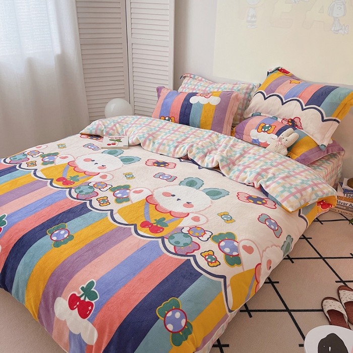 91家纺网 家纺一手货源 找家纺 沐棉 2021新款高克重牛奶绒卡通四件套 彩虹兔