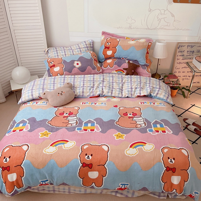 91家纺网 家纺一手货源 找家纺 沐棉 2021新款高克重牛奶绒卡通四件套 彩虹熊