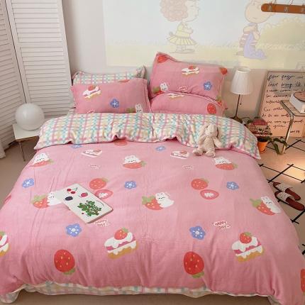沐棉 2021新款高克重牛奶绒卡通四件套 草莓小兔
