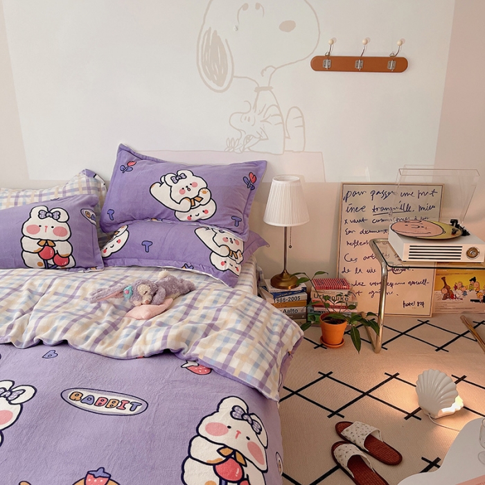 91家纺网 家纺一手货源 找家纺 沐棉 2021新款高克重牛奶绒卡通四件套 蛋糕兔