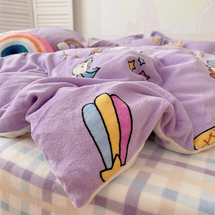 91家纺网 家纺一手货源 找家纺 沐棉 2021新款高克重牛奶绒卡通四件套 快乐女孩