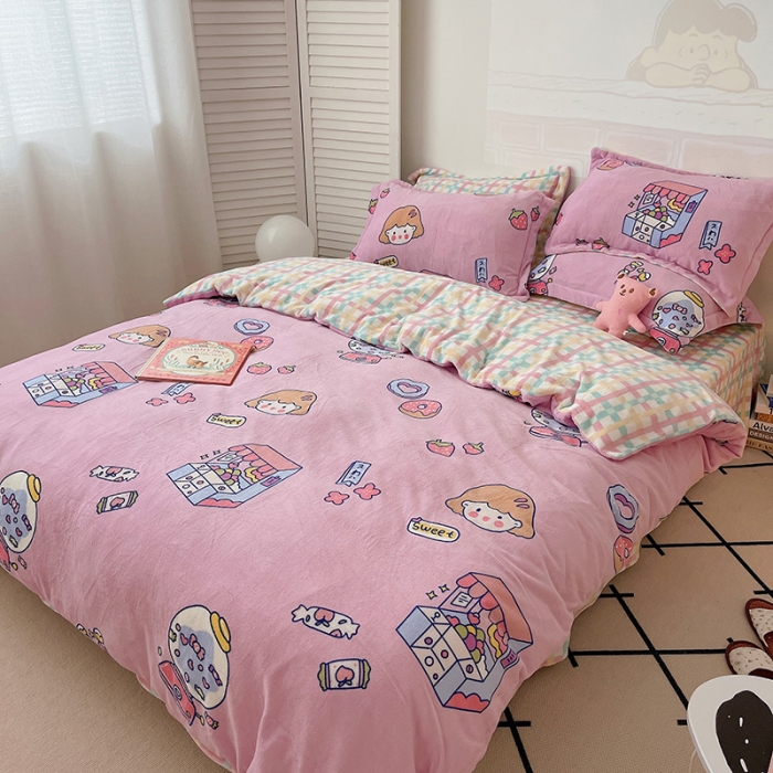 91家纺网 家纺一手货源 找家纺 沐棉 2021新款高克重牛奶绒卡通四件套 糖果女孩