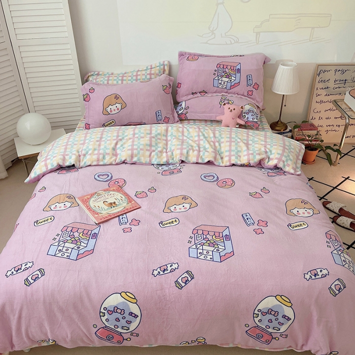 91家纺网 家纺一手货源 找家纺 沐棉 2021新款高克重牛奶绒卡通四件套 糖果女孩