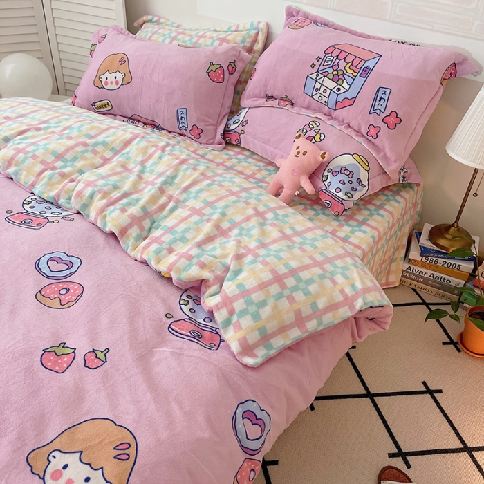 91家纺网 家纺一手货源 找家纺 沐棉 2021新款高克重牛奶绒卡通四件套 糖果女孩