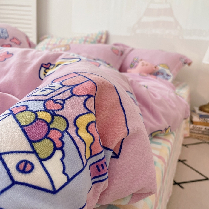 91家纺网 家纺一手货源 找家纺 沐棉 2021新款高克重牛奶绒卡通四件套 糖果女孩