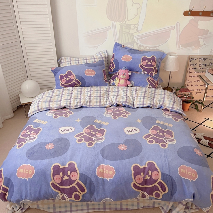 91家纺网 家纺一手货源 找家纺 沐棉 2021新款高克重牛奶绒卡通四件套 顽皮熊