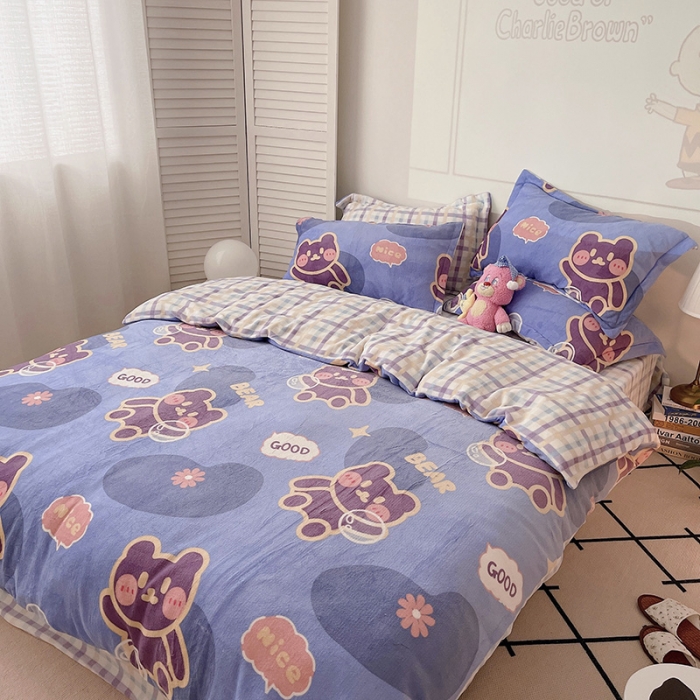 91家纺网 家纺一手货源 找家纺 沐棉 2021新款高克重牛奶绒卡通四件套 顽皮熊