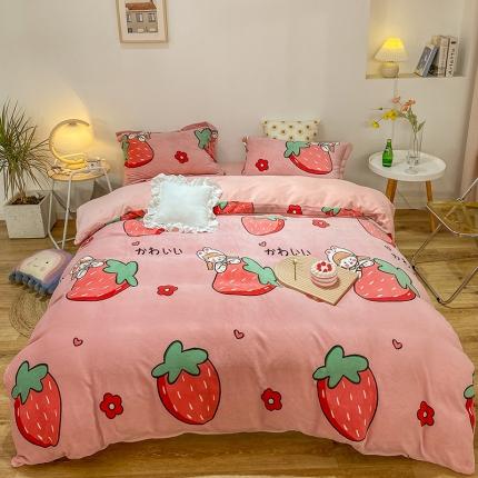 91家纺网 家纺一手货源 找家纺 优宜家 2023新款双面牛奶绒四件套 草莓佳人