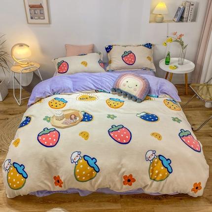 91家纺网 家纺一手货源 找家纺 优宜家 2023新款双面牛奶绒四件套 草莓世家