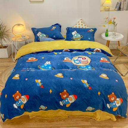 91家纺网 家纺一手货源 找家纺 优宜家 2023新款双面牛奶绒四件套 飞船熊兔