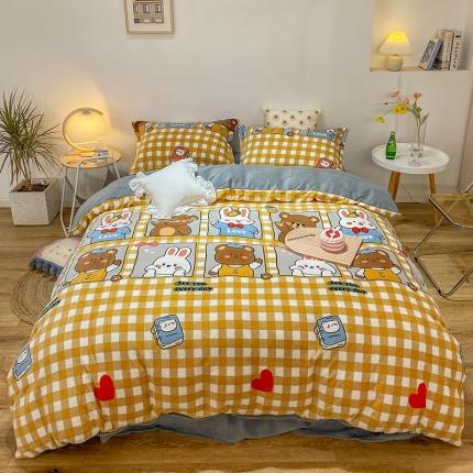 91家纺网 家纺一手货源 找家纺 优宜家 2023新款双面牛奶绒四件套 格子熊兔