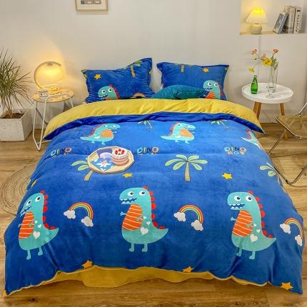 91家纺网 家纺一手货源 找家纺 优宜家 2023新款双面牛奶绒四件套 恐龙宝贝