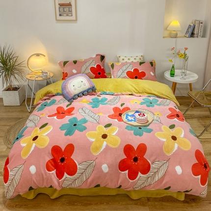 91家纺网 家纺一手货源 找家纺 优宜家 2023新款双面牛奶绒四件套 心动花园