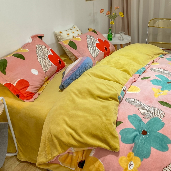 91家纺网 家纺一手货源 找家纺 优宜家 2023新款双面牛奶绒四件套 心动花园