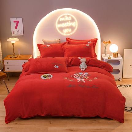 91家纺网 家纺一手货源 找家纺 靓生活 2021新款牛奶绒毛巾绣四件套 花语-大红深