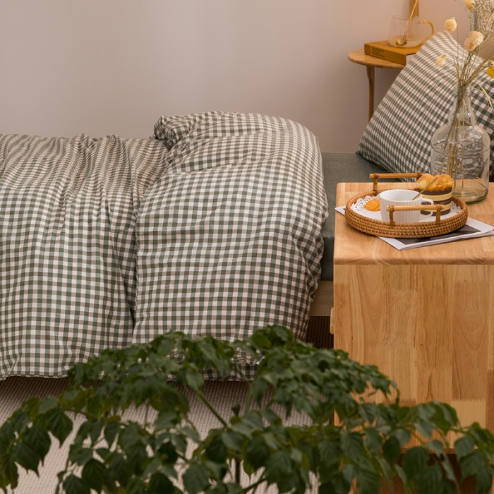 91家纺网 家纺一手货源 找家纺 柠萌家居 2021新款全棉色织水洗棉学生宿舍三件套 草绿小格