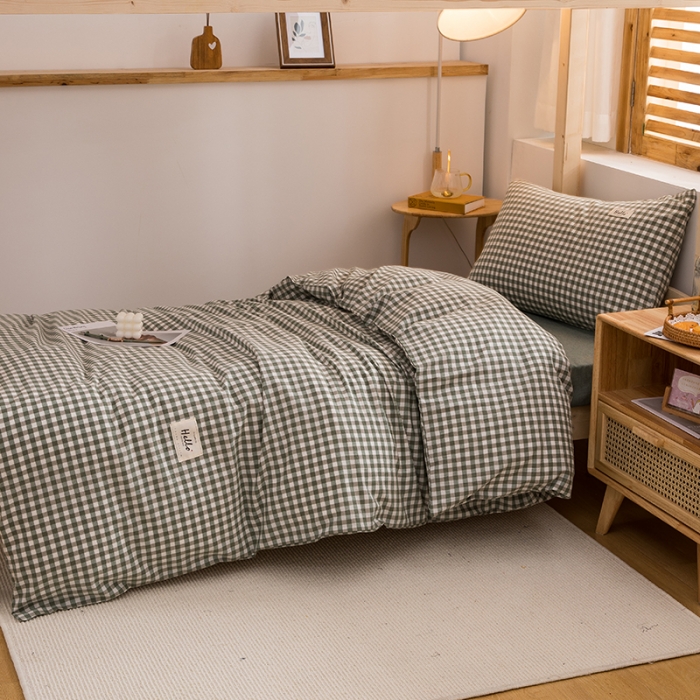 91家纺网 家纺一手货源 找家纺 柠萌家居 2021新款全棉色织水洗棉学生宿舍三件套 草绿小格