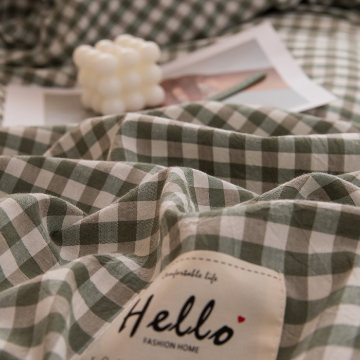 91家纺网 家纺一手货源 找家纺 柠萌家居 2021新款全棉色织水洗棉学生宿舍三件套 草绿小格