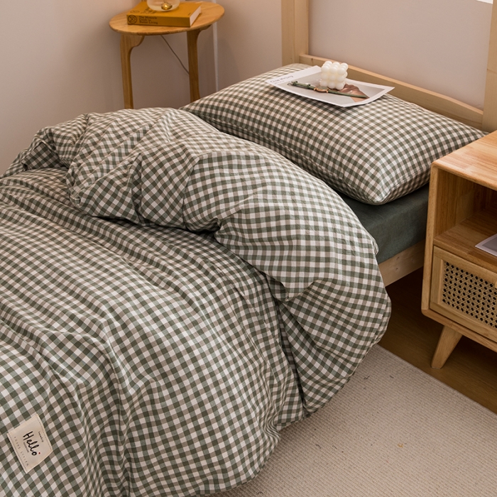 91家纺网 家纺一手货源 找家纺 柠萌家居 2021新款全棉色织水洗棉学生宿舍三件套 草绿小格