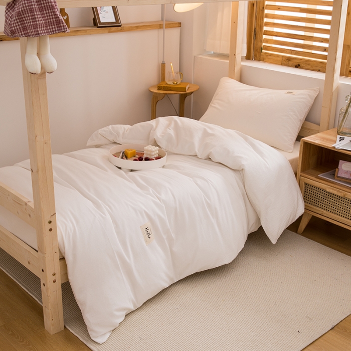 91家纺网 家纺一手货源 找家纺 柠萌家居 2021新款全棉色织水洗棉学生宿舍三件套 纯白