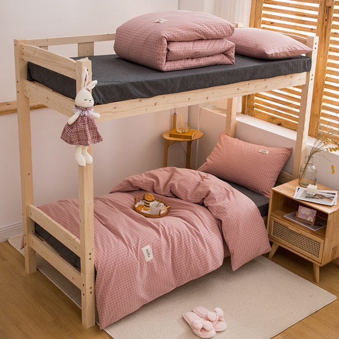 91家纺网 家纺一手货源 找家纺 柠萌家居 2021新款全棉色织水洗棉学生宿舍三件套 豆沙小格