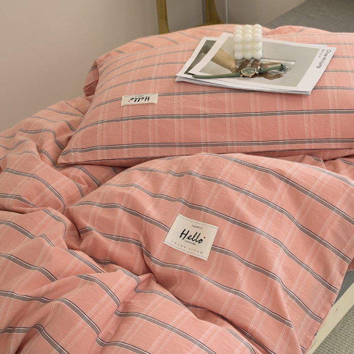 91家纺网 家纺一手货源 找家纺 柠萌家居 2021新款全棉色织水洗棉学生宿舍三件套 粉灰格