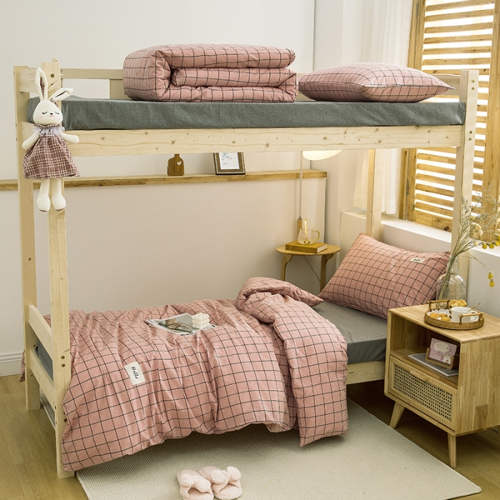 91家纺网 家纺一手货源 找家纺 柠萌家居 2021新款全棉色织水洗棉学生宿舍三件套 格纹豆沙