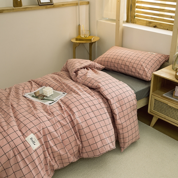 91家纺网 家纺一手货源 找家纺 柠萌家居 2021新款全棉色织水洗棉学生宿舍三件套 格纹豆沙