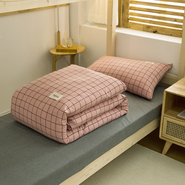 91家纺网 家纺一手货源 找家纺 柠萌家居 2021新款全棉色织水洗棉学生宿舍三件套 格纹豆沙