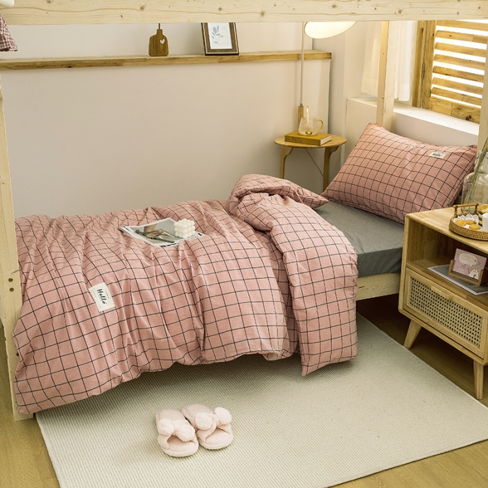 91家纺网 家纺一手货源 找家纺 柠萌家居 2021新款全棉色织水洗棉学生宿舍三件套 格纹豆沙