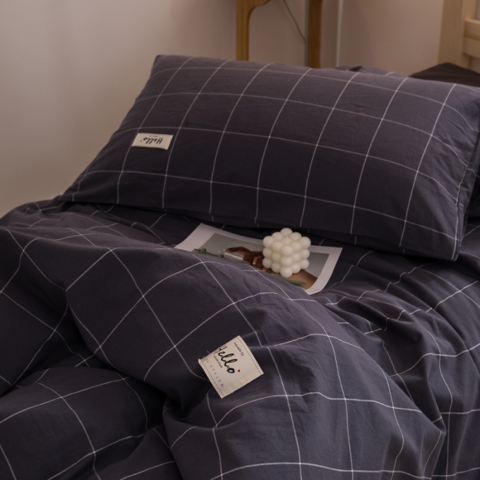 91家纺网 家纺一手货源 找家纺 柠萌家居 2021新款全棉色织水洗棉学生宿舍三件套 格纹冷灰