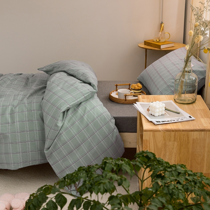 91家纺网 家纺一手货源 找家纺 柠萌家居 2021新款全棉色织水洗棉学生宿舍三件套 海蓝格