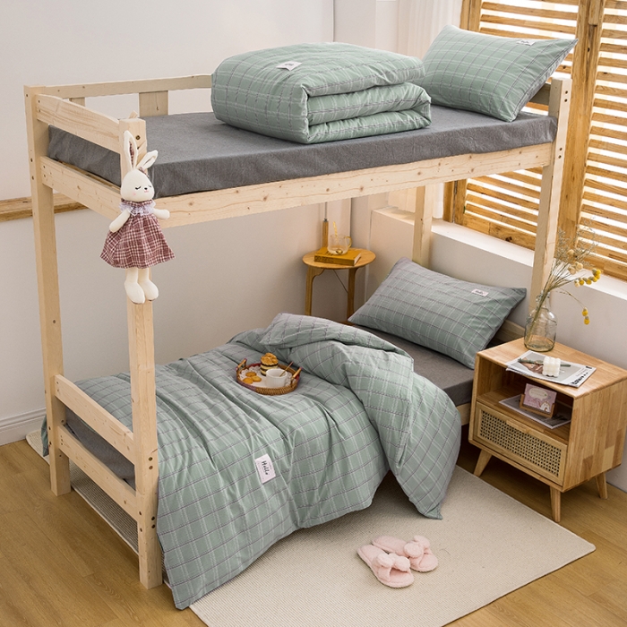 91家纺网 家纺一手货源 找家纺 柠萌家居 2021新款全棉色织水洗棉学生宿舍三件套 海蓝格