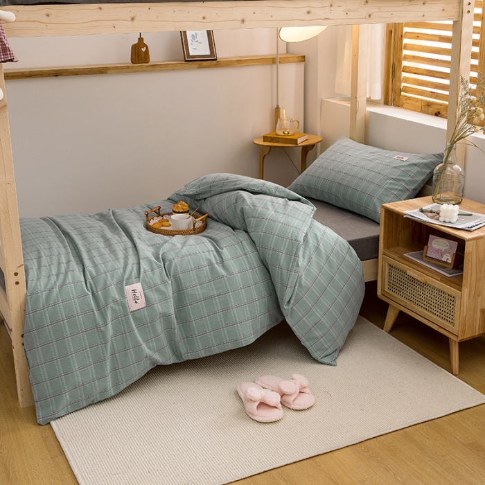 91家纺网 家纺一手货源 找家纺 柠萌家居 2021新款全棉色织水洗棉学生宿舍三件套 海蓝格