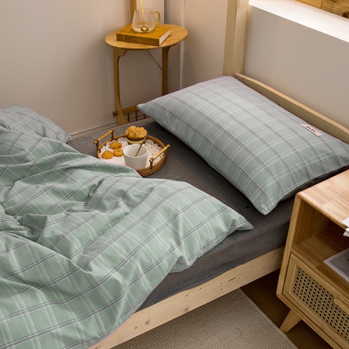 91家纺网 家纺一手货源 找家纺 柠萌家居 2021新款全棉色织水洗棉学生宿舍三件套 海蓝格