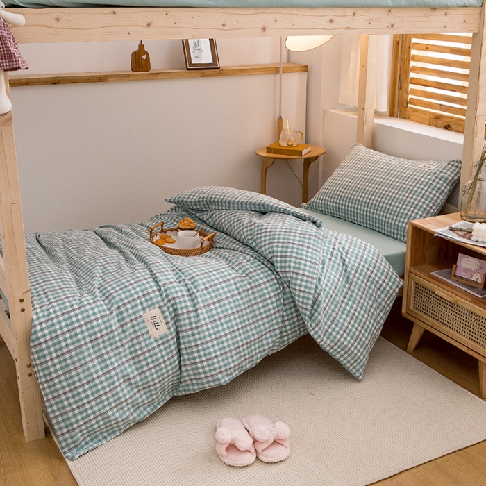 91家纺网 家纺一手货源 找家纺 柠萌家居 2021新款全棉色织水洗棉学生宿舍三件套 海蓝小格