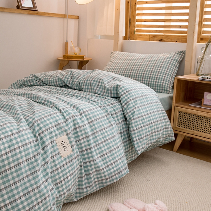 91家纺网 家纺一手货源 找家纺 柠萌家居 2021新款全棉色织水洗棉学生宿舍三件套 海蓝小格