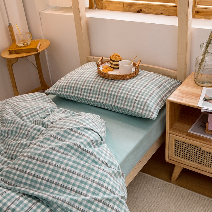 91家纺网 家纺一手货源 找家纺 柠萌家居 2021新款全棉色织水洗棉学生宿舍三件套 海蓝小格