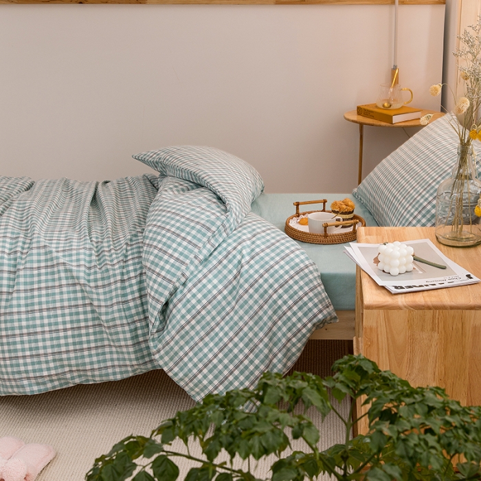 91家纺网 家纺一手货源 找家纺 柠萌家居 2021新款全棉色织水洗棉学生宿舍三件套 海蓝小格