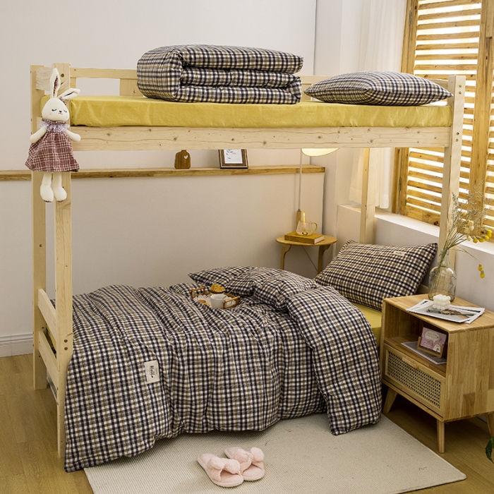 91家纺网 家纺一手货源 找家纺 柠萌家居 2021新款全棉色织水洗棉学生宿舍三件套 灰黄小格