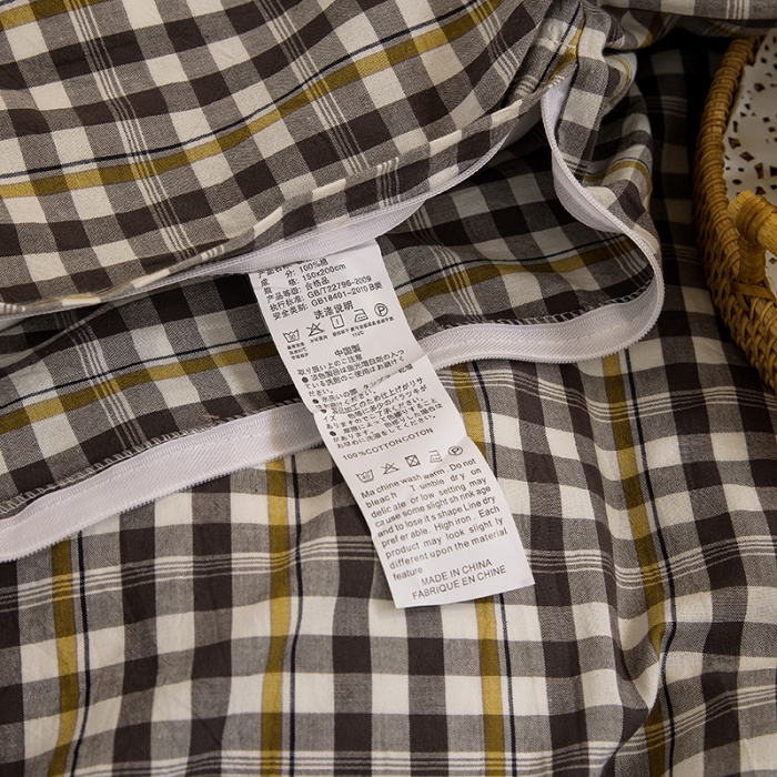 91家纺网 家纺一手货源 找家纺 柠萌家居 2021新款全棉色织水洗棉学生宿舍三件套 灰黄小格