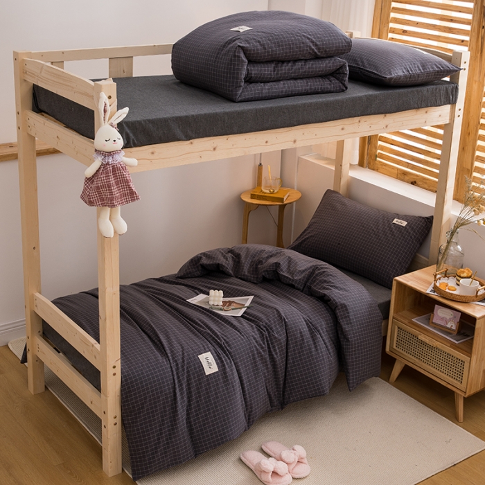 91家纺网 家纺一手货源 找家纺 柠萌家居 2021新款全棉色织水洗棉学生宿舍三件套 灰小格